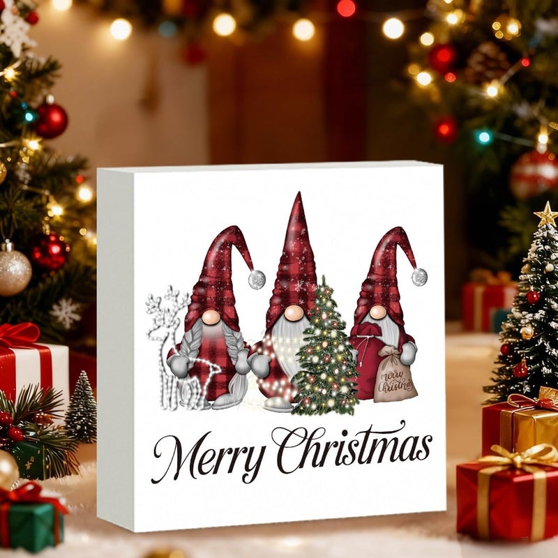 FXEFXE Christmas Decorations, Christmas Gnomes Decorations Indoor, Red Glitter Xmas Tree Sign Gift for Women Friends, Rustic Wooden Box Sign for Home Shelf Office Bedroom Desk Decor 5x5 Inches - Image 3